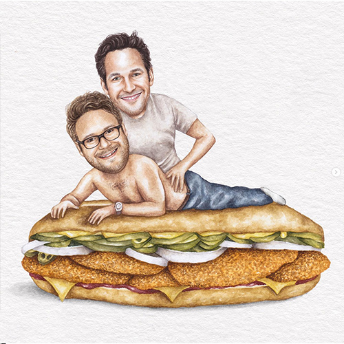 Drawing of Paul Rudd and Seth Rogan on a sandwich