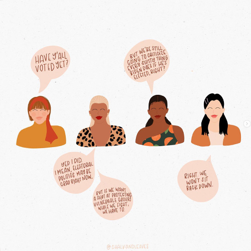 four women w/ speech bubble graphic