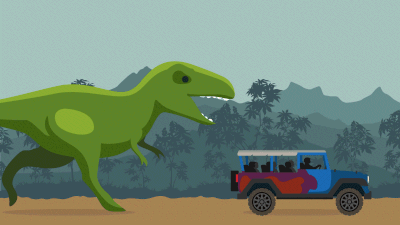 dinosaur chasing a truck