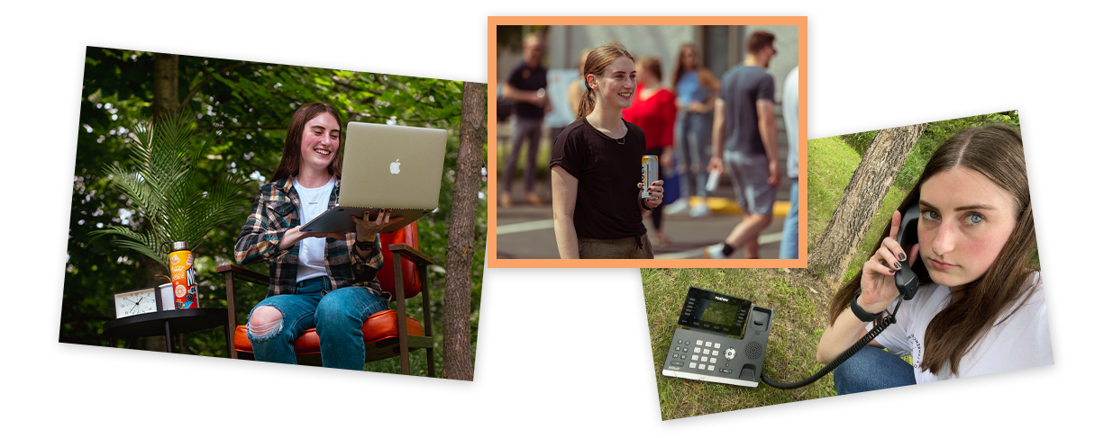 Photo collage of an intern working and having fun