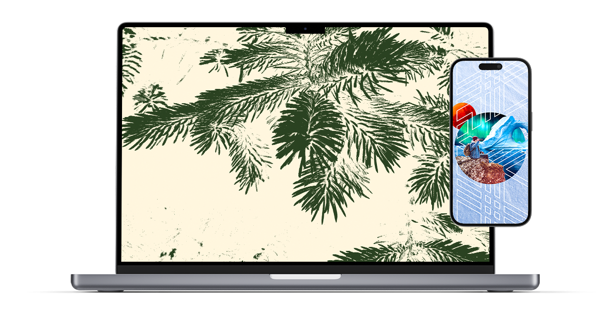 Pine Pieces wallpaper & Winter Lookout wallpaper on a computer and phone mockup