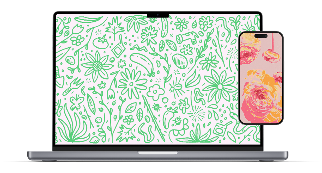 Garden Greetings wallpaper & Peony Pop wallpaper on a computer and phone mockup