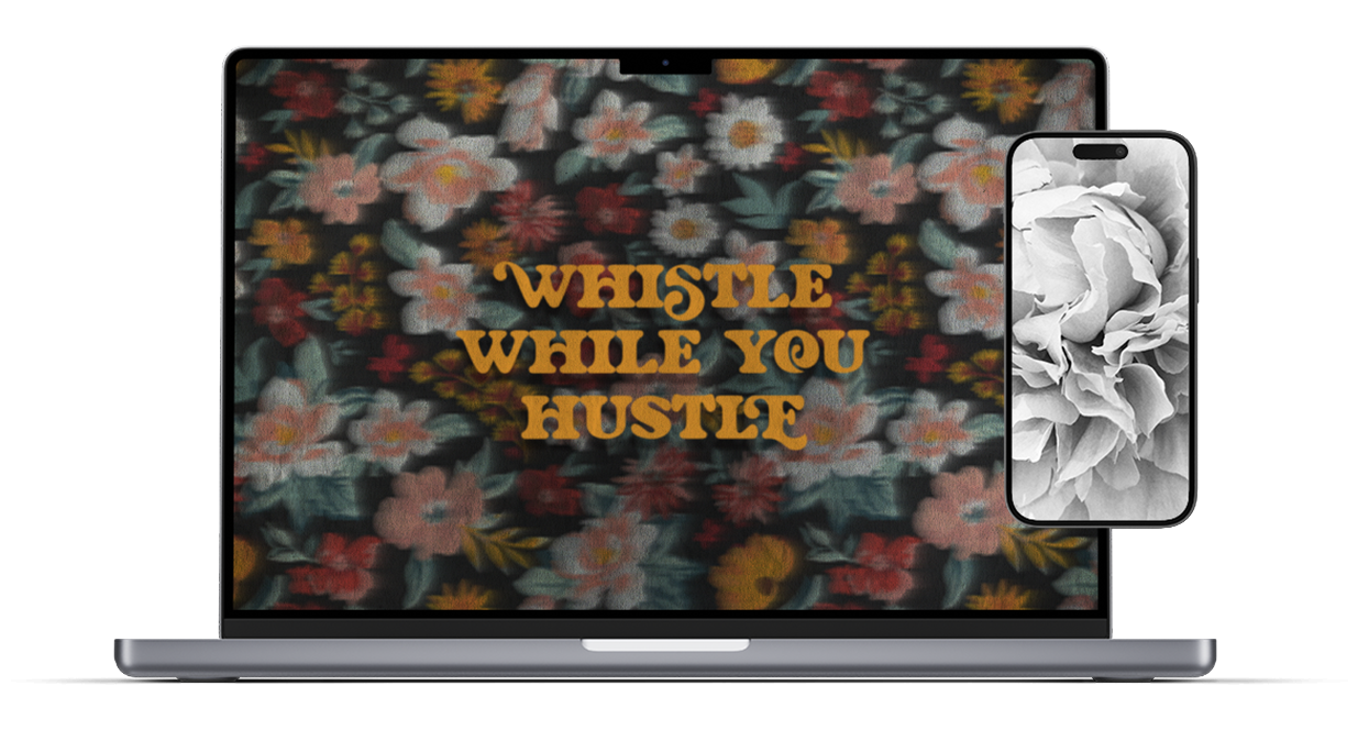 Whistle While You Hustle wallpaper & Spring Study wallpaper on a computer and phone mockup